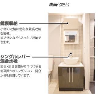 洗面化粧台 鏡裏収納 小物の収納に便利な鏡裏収納を装備。歯ブラシなどもスッキリ収納できます。 シングルレバー混合水栓 湯温・湯量調節が片手でできる簡単操作のシングルレバー混合水栓を採用しています。