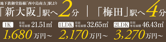 地下鉄御堂筋線「西中島南方」駅より「新大阪」駅へ2分/「梅田」駅へ4分